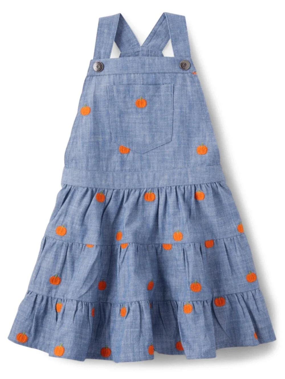 Gymboree Girls Blue Chambray Pumpkin-Embroidered Pinafore Overalls Jumper Dress